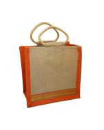 Grehom Hessian Gift Bag Small (Small) - Orange Zari (Set of 2)
